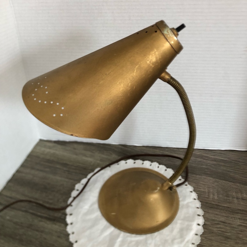 Vtg MCM Gooseneck Lamp with Perforated Shade - Picture 4 of 15